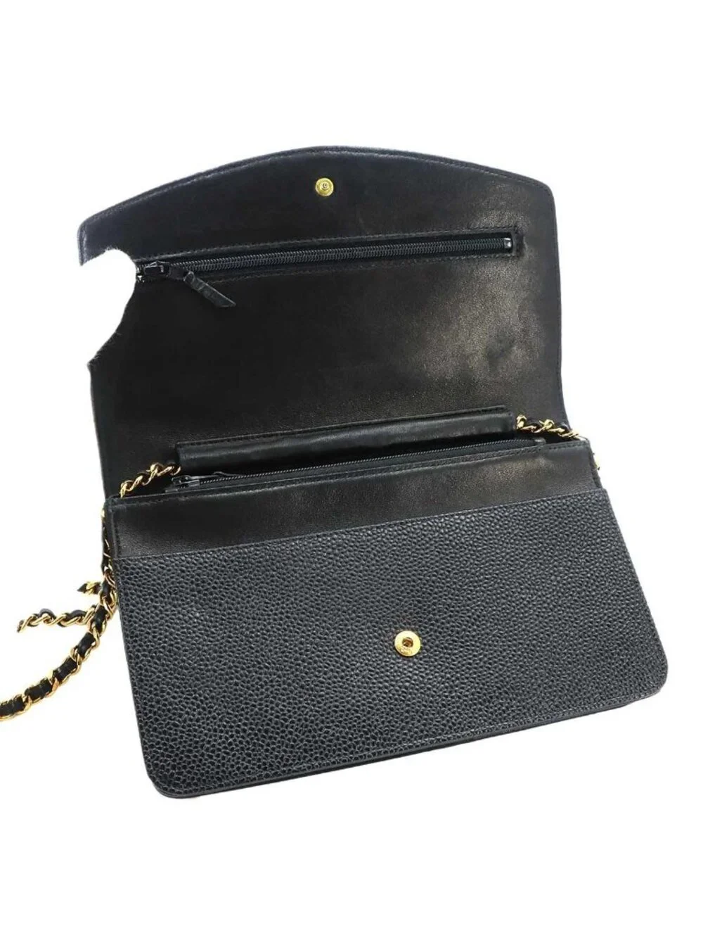 Chanel Caviar Leather Chain Wallet Black CC Logo Gold Shoulder